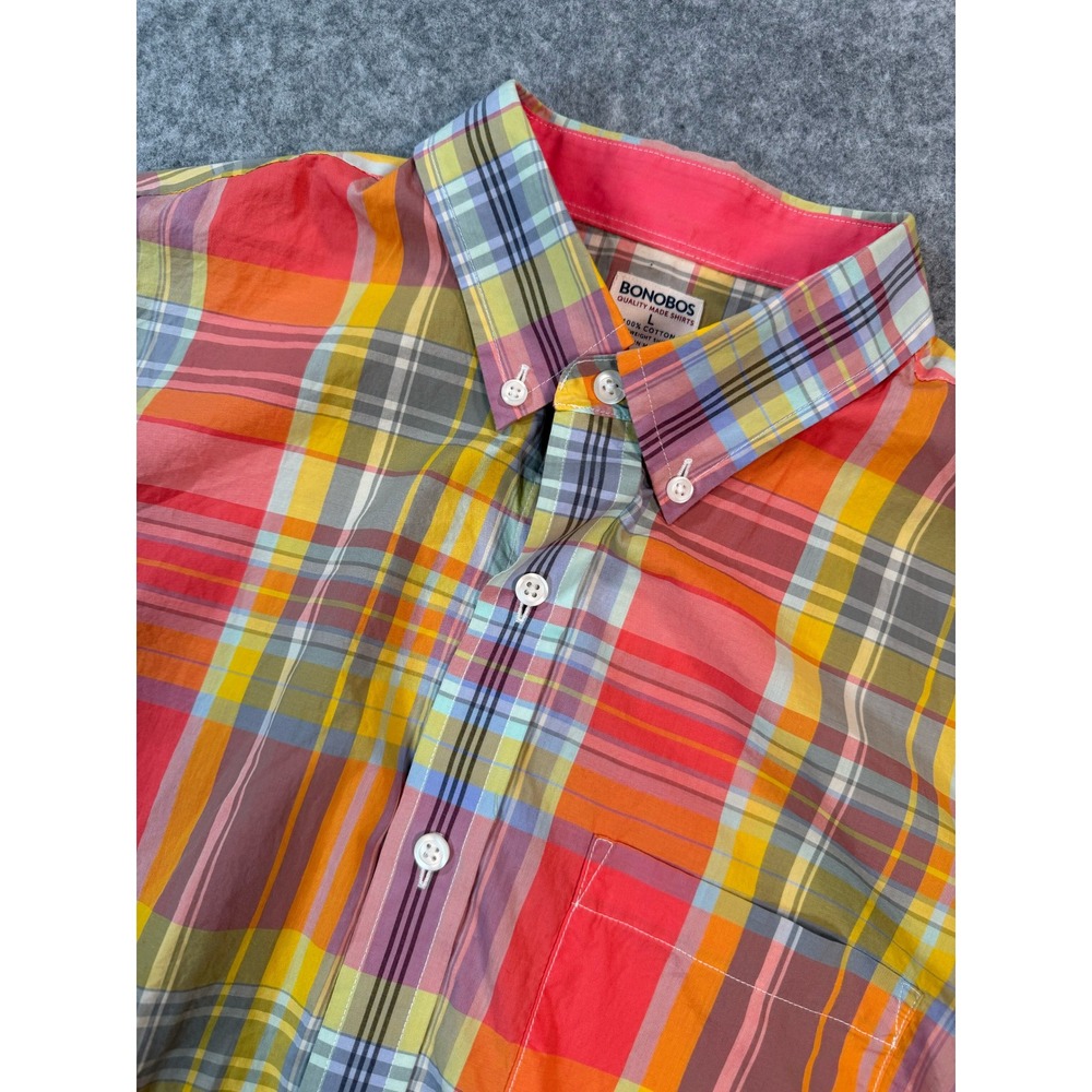 Bonobos Mens Large Lightweight Cotton Plaid Button Down Shirt Multi Color Pink‎